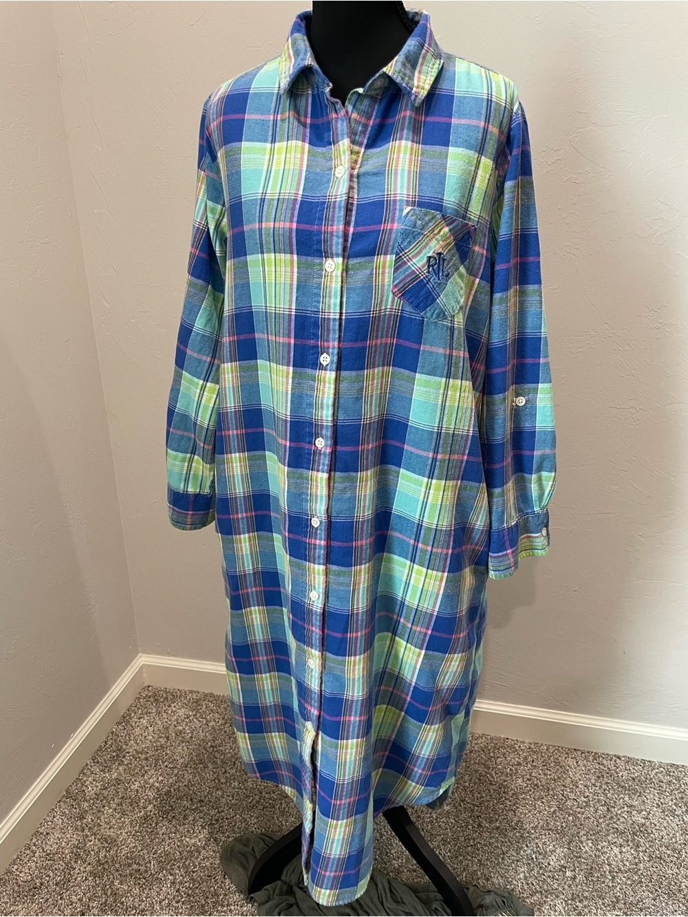 Ralph Lauren Blue and Green Plaid Women’s Pajama Shirt Sleepwear